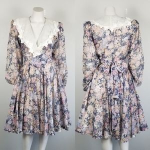 Anita Kantor Vintage 80s Cottagecore Floral Midi Fit N Flare Belted Dress Size 4